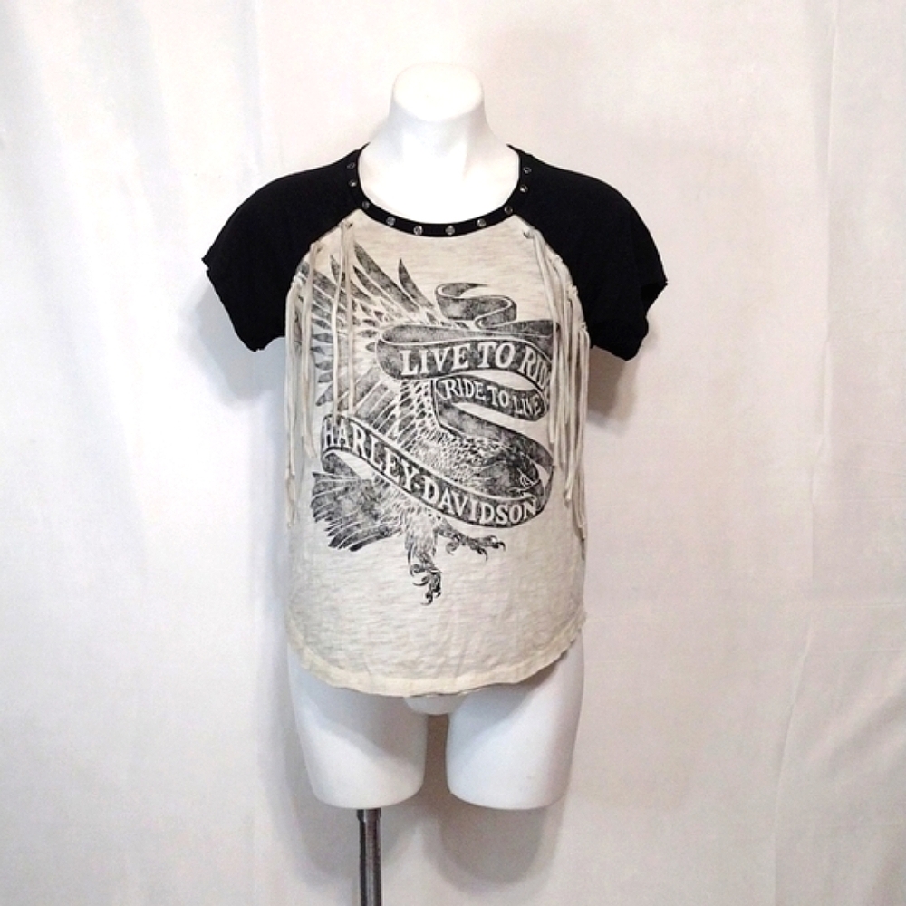 Harley-Davidson Live to Ride Fringe Tee Women’s Medium Frayed Biker Graphic Top